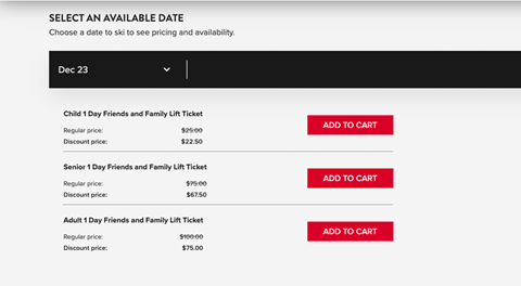 Screenshot of available tickets that can be added to a cart