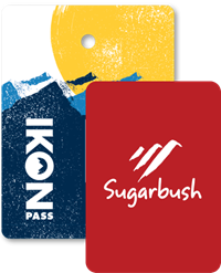 Collage of season passes, Ikon Pass creative in the back, and a Sugarbush Resort pass in front.