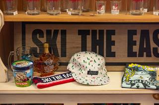 Ski the east sign with ben & jerrys maple syrup and Skida products 