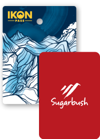 Collage of season passes, Ikon Pass creative in the back, and a Sugarbush pass in front