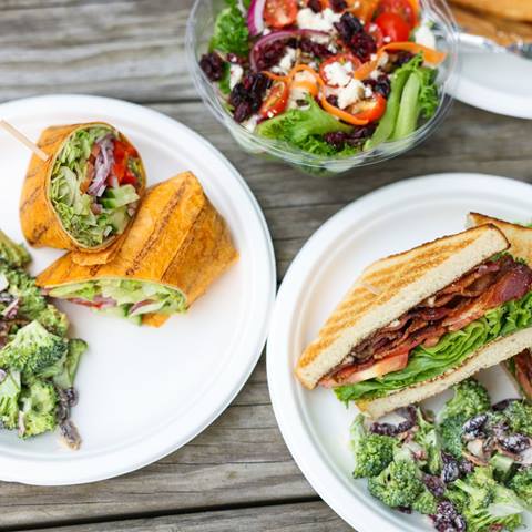 A variety of summer foods: wraps, salads, broccoli salad 