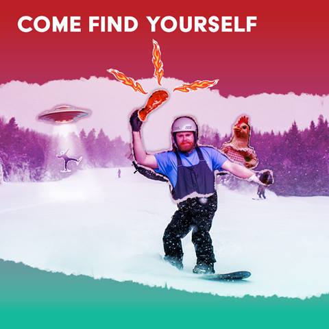 Man a snowboard with a chicken wing in his hand