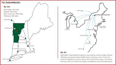 Map showing driving distances and regional access routes to Sugarbush Resort from major Northeast cities and airports.
