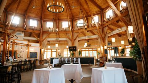 Take in the cathedral post and beam interior. 