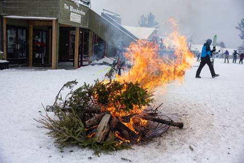 A Christmas tree on fire, on purpose for the torching on the Tannenbaum's. 