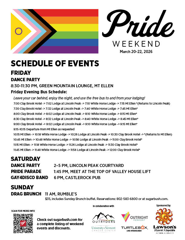flyer with bus and event schedule for sugarbush pride weekend