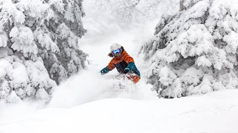 A snowboarder ripping down a trail on a powder day.