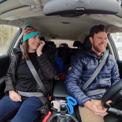 A family in a packed car on their way to ski at Sugarbush. 