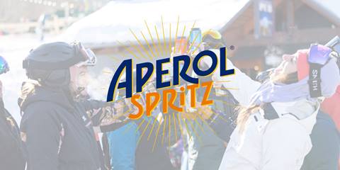 group of people in ski gear cheersing drinks with aperol spritz logo overlay