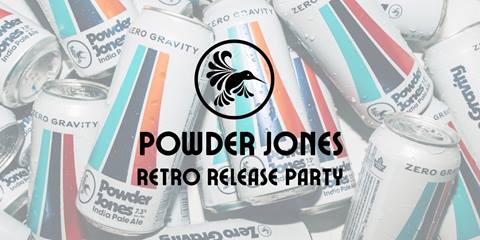 pile of powder jones beer cans with text overlay for retro party with zero gravity