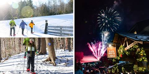 a photo collage of people snowshoeing in the sun in the winter and fireworks at night