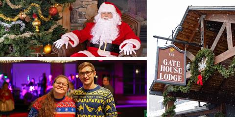 collage with santa, people in holiday sweaters, and christmas wreaths