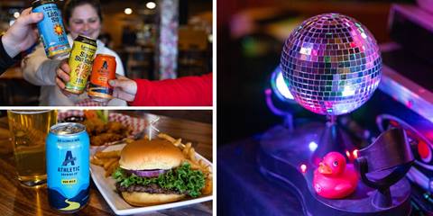 collage of people cheersing beers, a burger and a disco ball