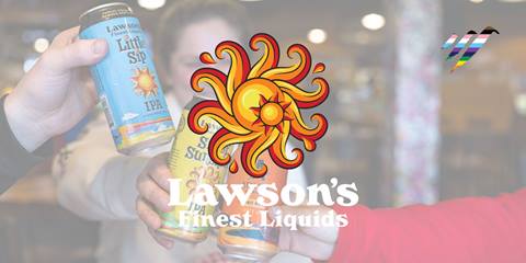 people cheersing cans with a lawson's logo and sugarbush pride logo overlay