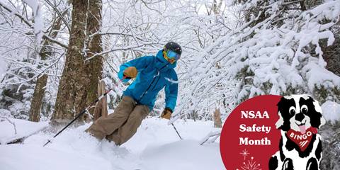 skier going through woods with NSAA safety graphic
