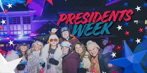 group of friends smiling at a laser show with presidents week text overlay and stars