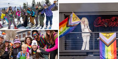 collage of drag queen with pride flag and friends skiing and celebrating pride