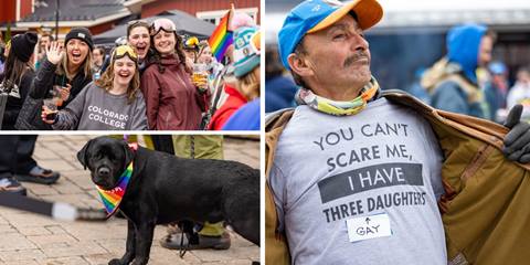 collage of dog with pride bandana, friends celebrating and man showing off shirt