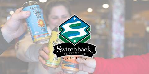 switchback brewing logo on top of photo of people cheersing