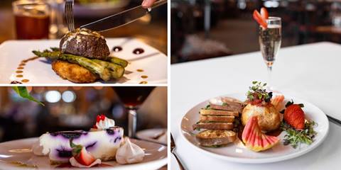 collage of desserts and steak for a date night dinner at rumbles for valentines day