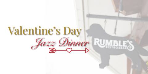 rumbles exterior sign with valentines day jazz dinner overlay