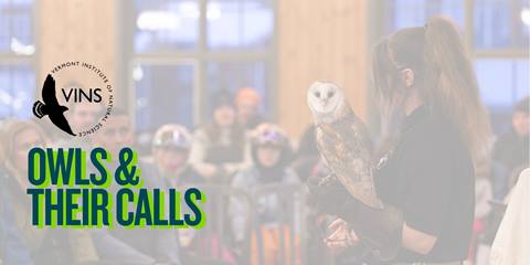 a girl holding an owl in front of a crowd of people with VINS logo overlay