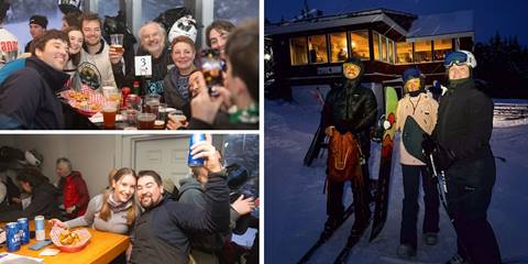 collage of night skiing and people enjoying walts after dark apres