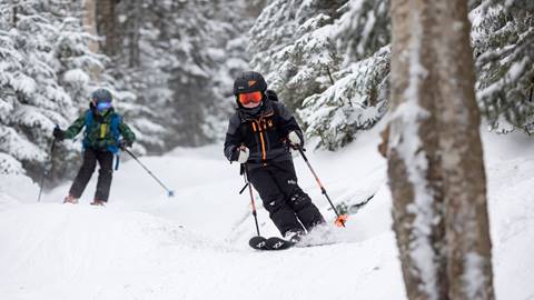 A kid skiing through the trees