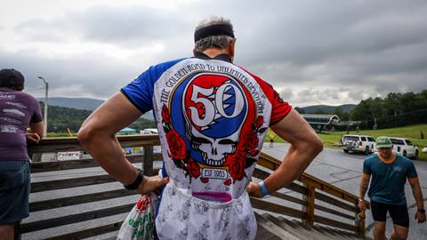A biker wearing a Grateful Dead jersey