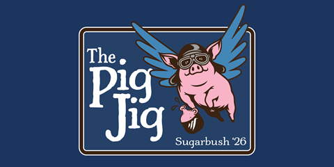 Pig jig logo with flying pig in goggles and blue background