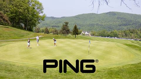 Golfers putting with a PING logo overlaid 