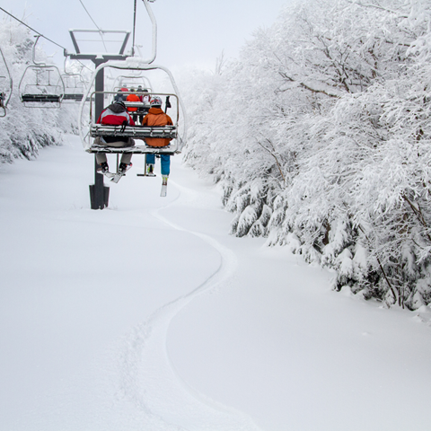 A couple sitting on the North Lynx chair with a first track under them 