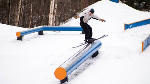 A skier hitting a Sugarbush Parks feature in the terrain park