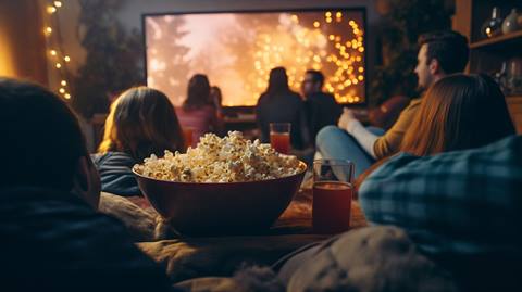 people surround a bowl of popcorn watching a movie