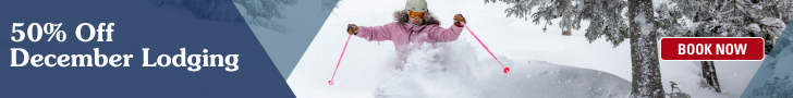 Skier in Powder with 50% off December Lodging text overaly