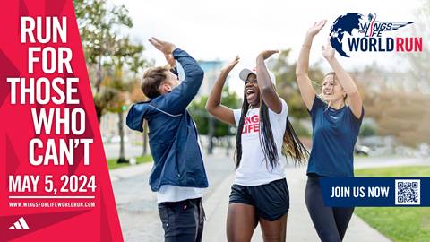 Flyer for a "Wings for Life World Run" with three runners high fiving 