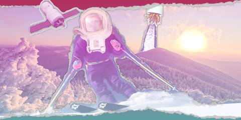 a whimsy astronaut sticking out their tongue on skis with the mountains in the background. 