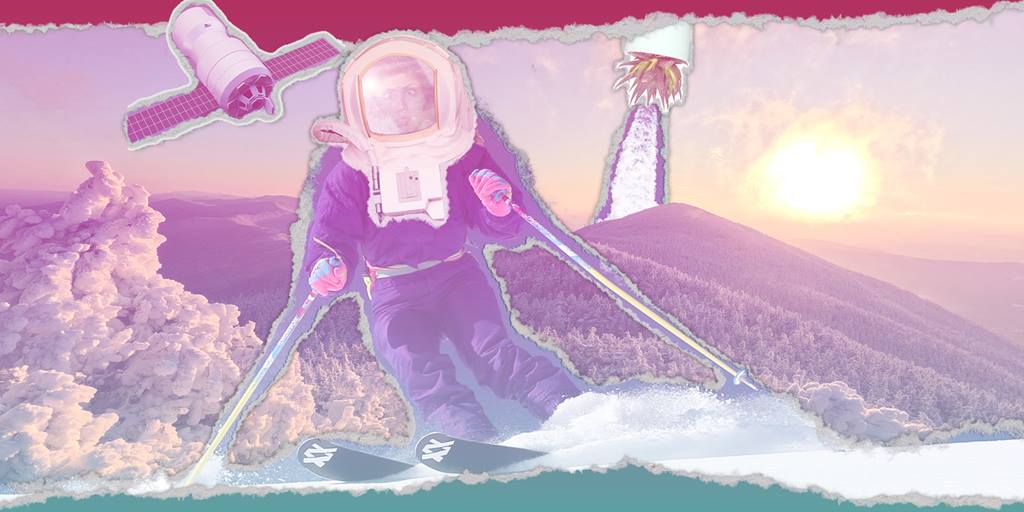 a whimsy astronaut sticking out their tongue on skis with the mountains in the background. 