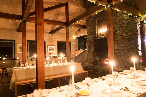 Tables set up for an event at Allyns Lodge at Sugarbush Resort