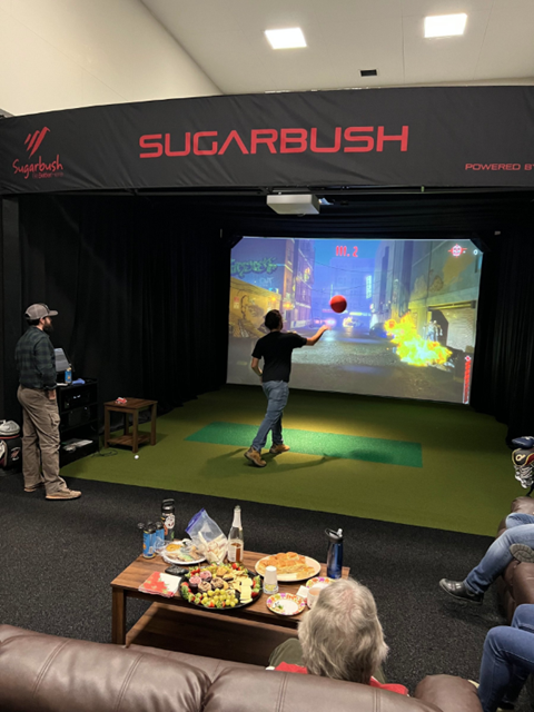 Person using a dodgeball simulator and throwing the ball at the screen