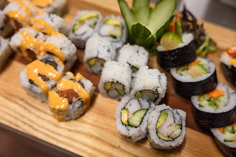 Top down shot of a sushi platter