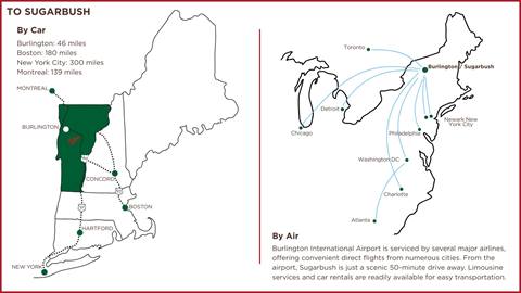 Map of New England showing where Sugarbush Resort is and distances and times from popular cities nearby