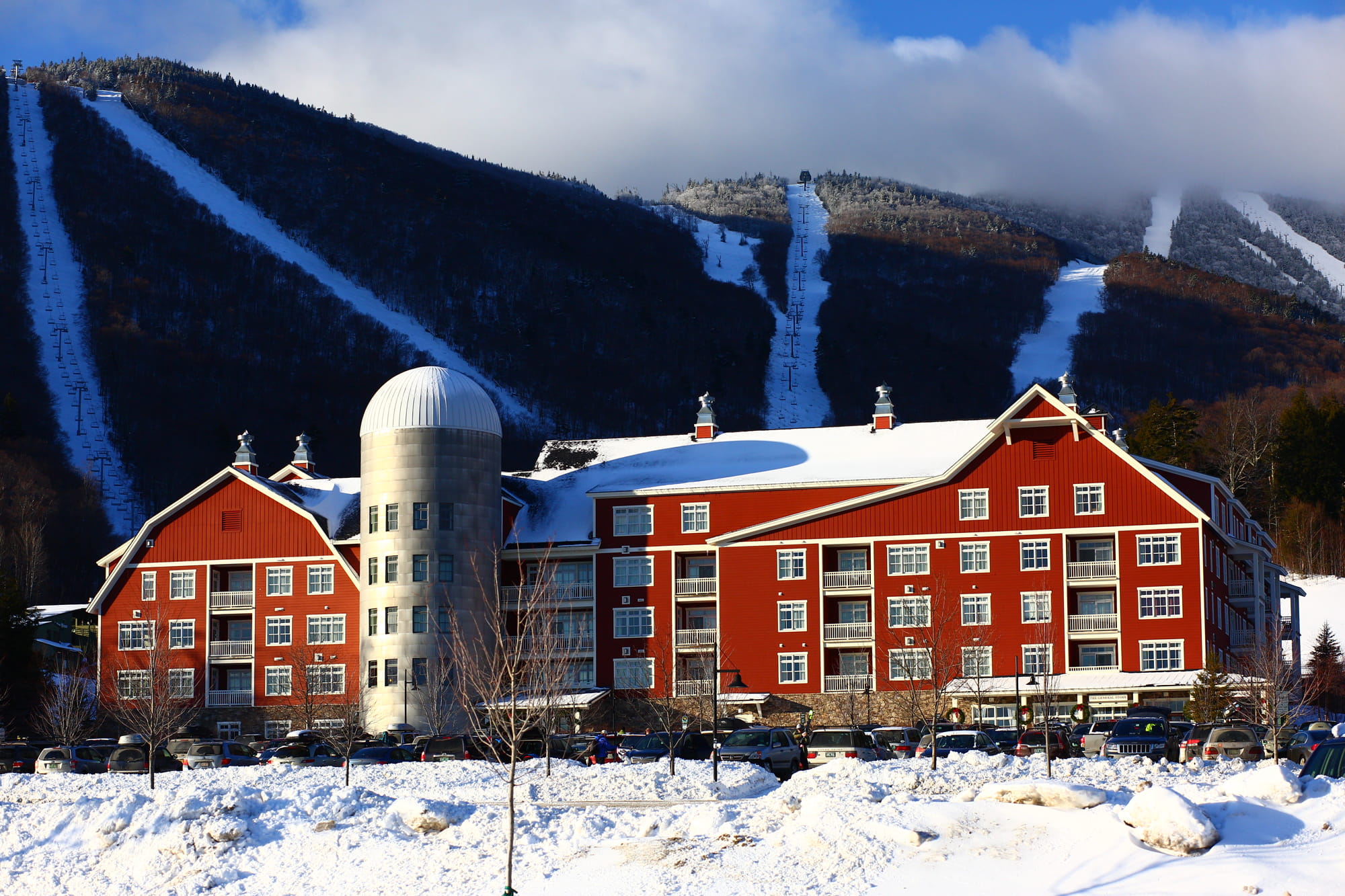 Clay Brook hotel with snowy mountains behind