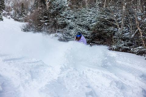 Snowboarder in a purple jacket in powder