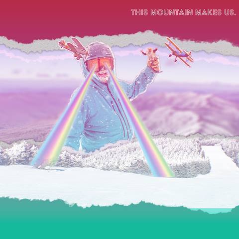 Skier with rainbows coming out of his eyes at the top of the mountain