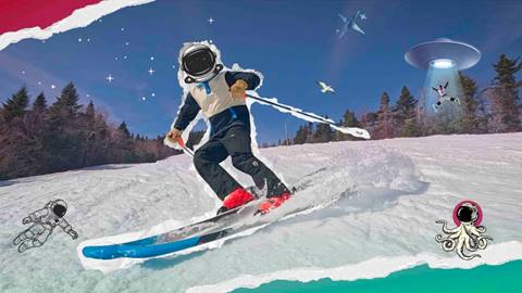 An astronaut skiing down Spring Fling with a UFO behind them and a fun colorful filter on top. 