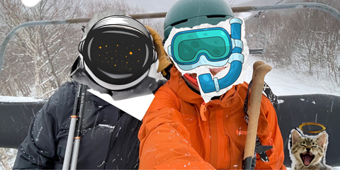 Two people on a chairlift with stickers overlayed