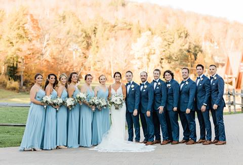 Wedding Party poses in Lincoln Peak Courtyard