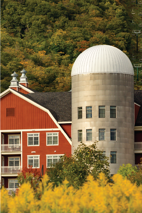 Exterior shot of Clay Brook Hotel with yellow flowers in the froeground