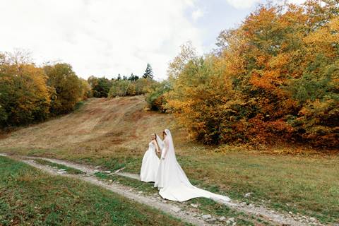 Couple walking in wedding dresses